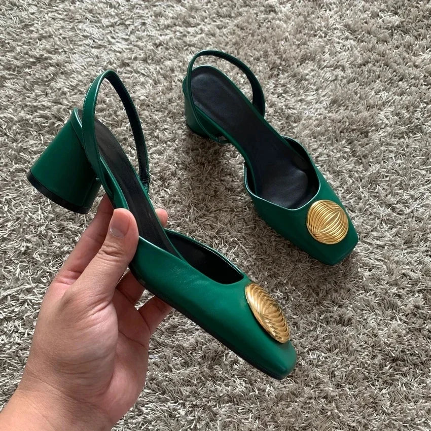 TRAF Retro Woman Green Block Heels Fall 2024 Chic Squared Toe Heeled Shoes Luxury Women High-Heeled Sandals Ladies Leather Shoes