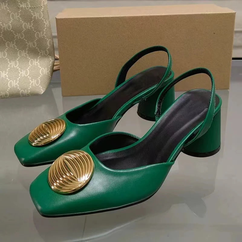 TRAF Retro Woman Green Block Heels Fall 2024 Chic Squared Toe Heeled Shoes Luxury Women High-Heeled Sandals Ladies Leather Shoes