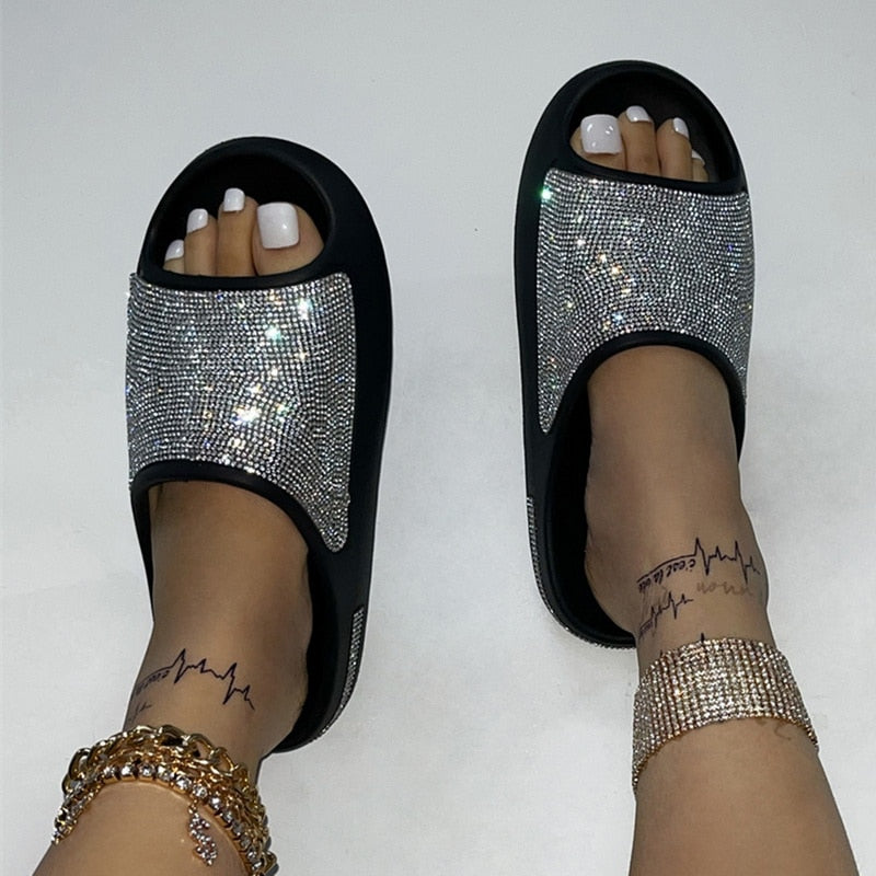 Women Fashion Slides Platform Rhinestone Decor Slide Sandals Outdoor Non-Slip Beach Sandals Slippers