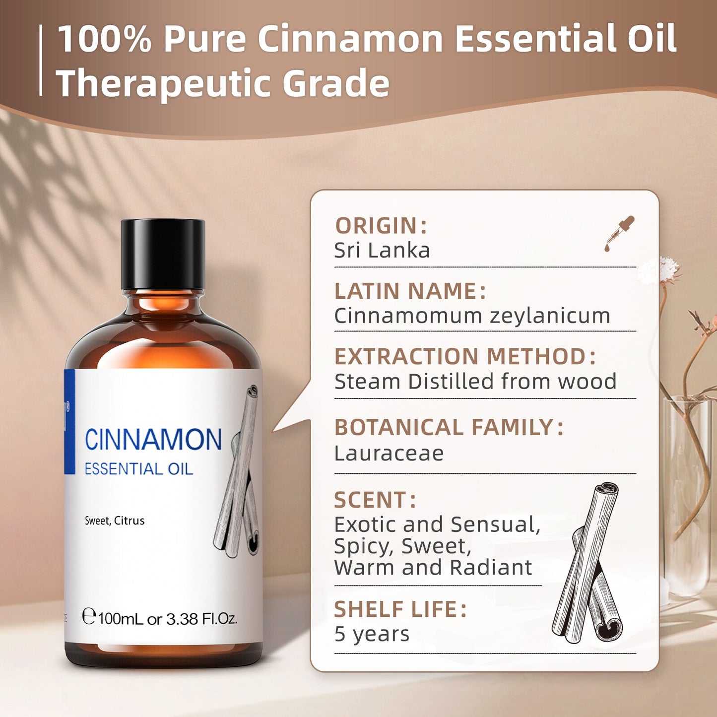 100ML Cinnamon Essential Oils,100% Pure Nature for Aromatherapy Used for Diffuser Humidifier Massage Uplifting