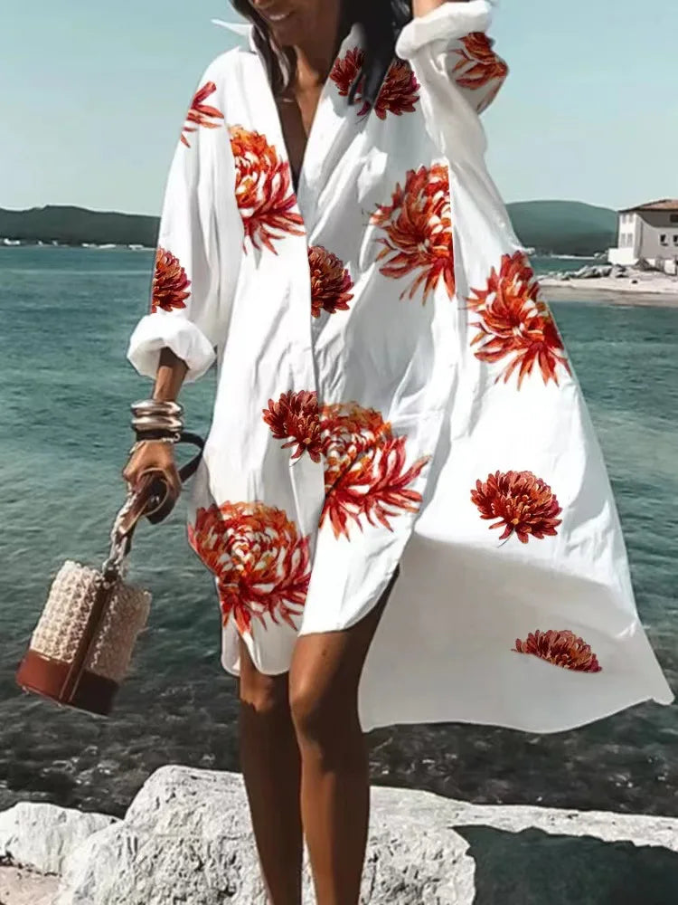 Fashion Women's Loose Fit New Digital Print Long Sleeve Polo Neck Shirt Dress 2023 Women's Fashion Casual Single Breasted Dress