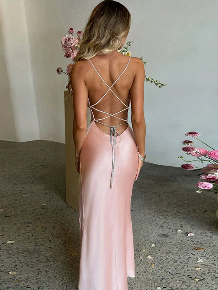 CNYISHE Sexy Backless Maxi Dress Split Spaghetti Strap Evening Lace Up Party Robes for Women Pure Color Prom Clothing