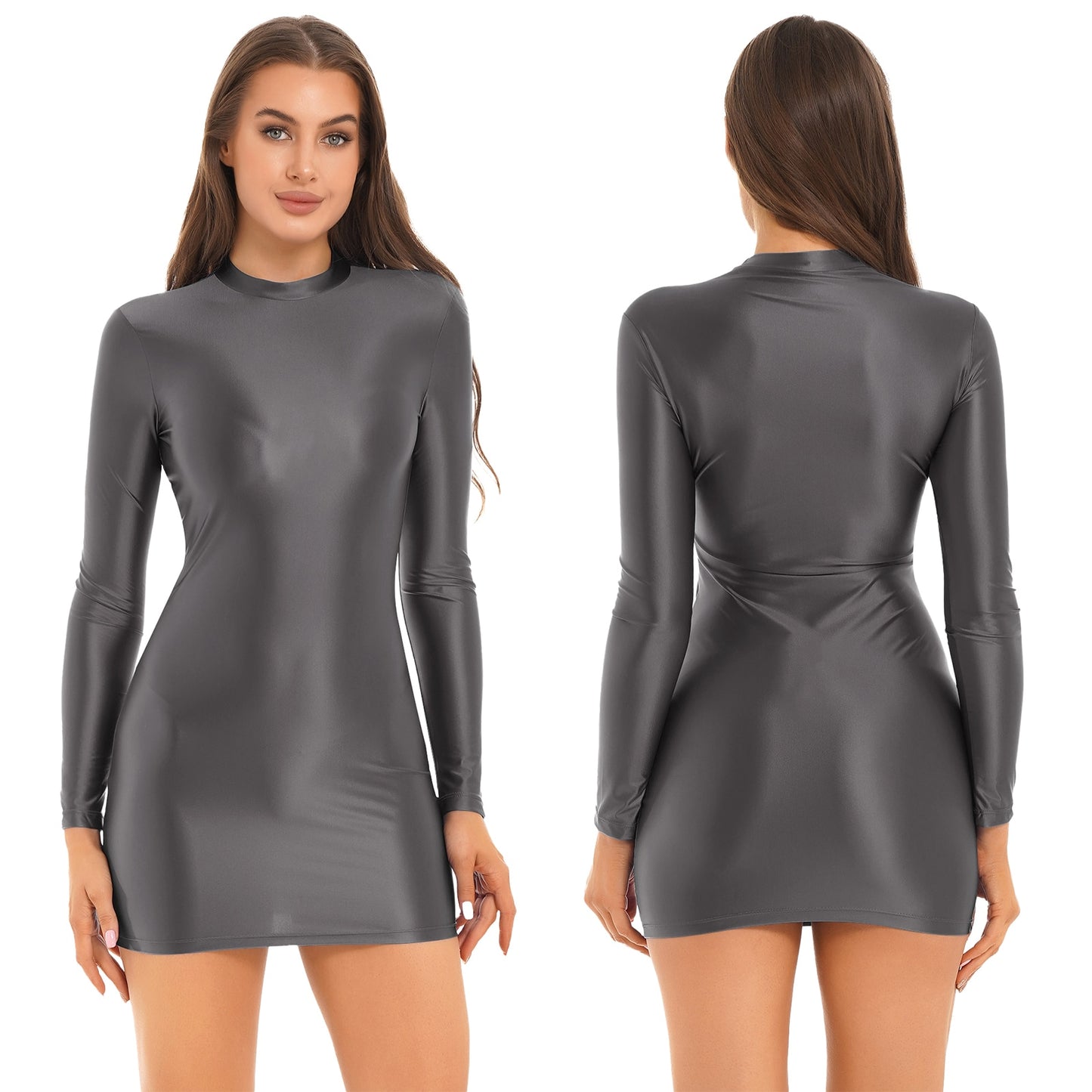 Womens Glossy Bodycon Dress Long Sleeve Mini Pencil Dress Nightwear Smooth Stretchy Mock Neck Tight Dresses Clubwear Costume