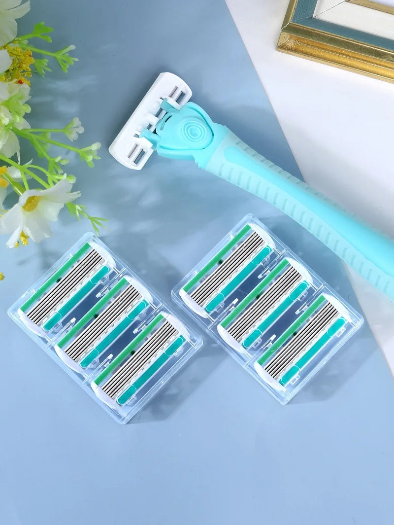 Men Women Body Hair Safety Bikini Aloe Strip Razor Blade Set 1 Handle 6 Blades Replacement Heads Ideal for Epilating