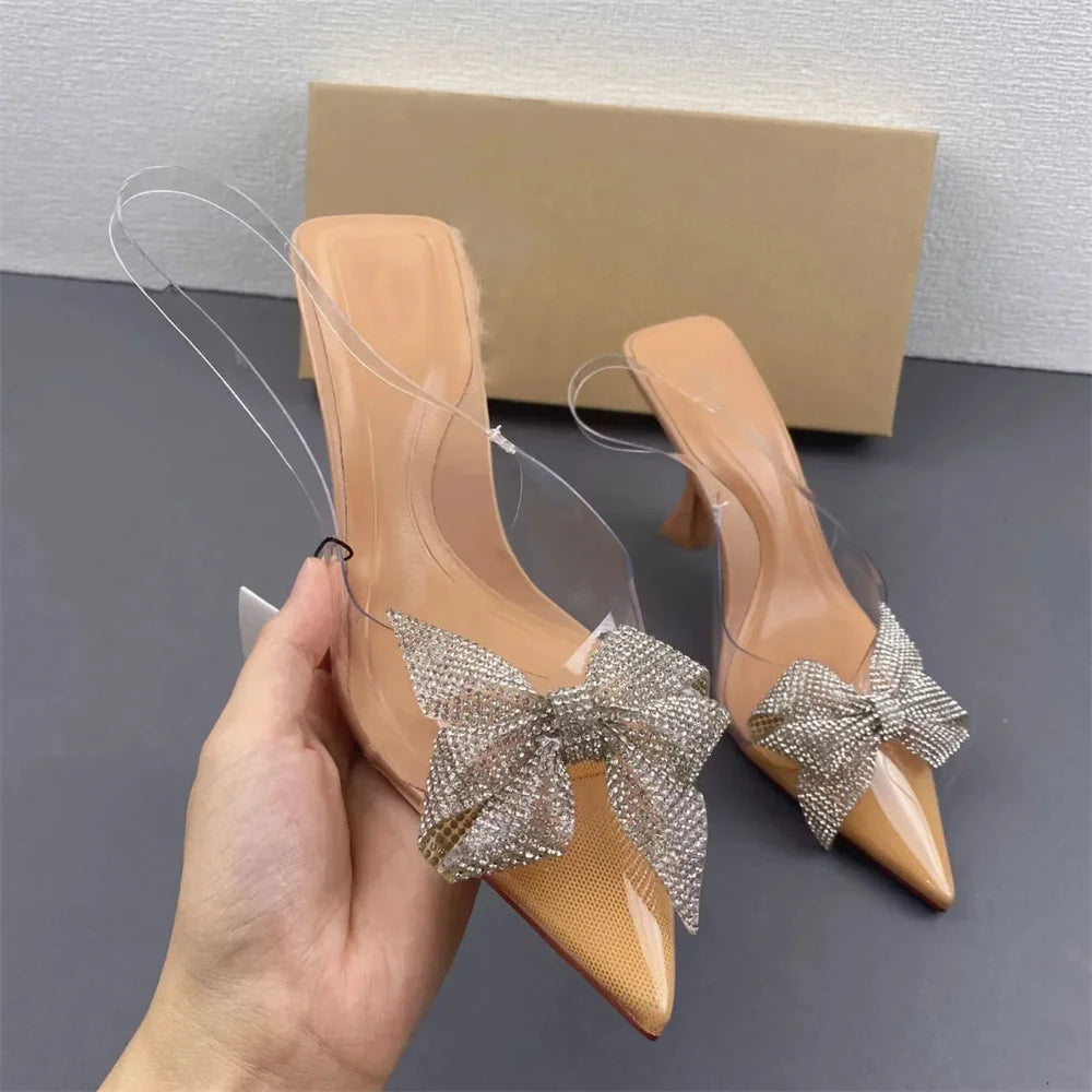 TRAF Women Mid Heel Pumps Sandals Chic Rhinestone Bow Transparent Women Slingbacks Pointed Toe Sweet Stilettos Shoes For Women