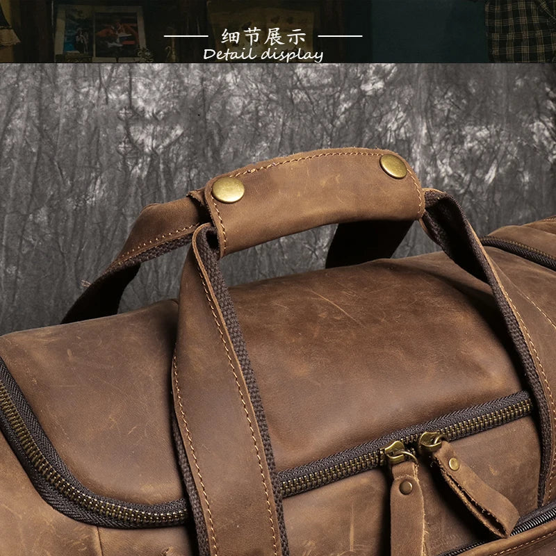 Retro Brown Men's Hand Luggage Bag Crazy Horse Leather Large Capacity Travel Bag Business Weekend One Shoulder Messenger Bag