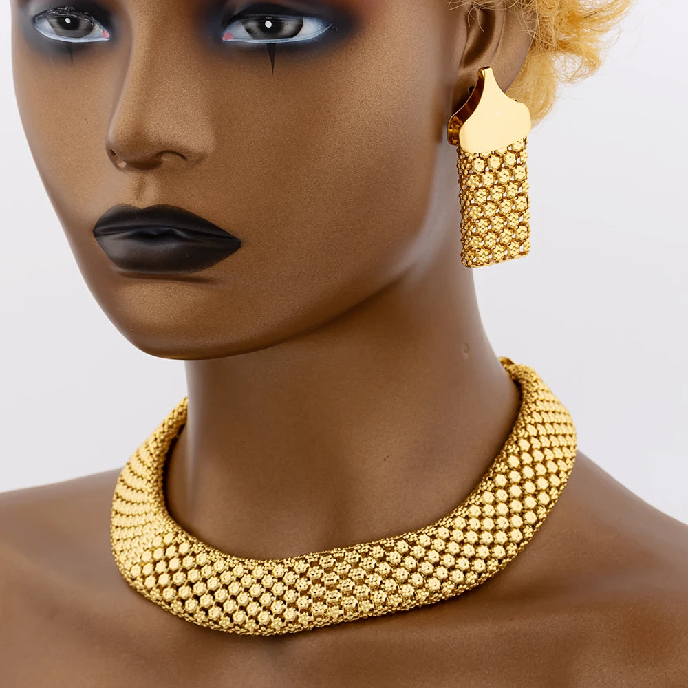 Jewelry Set for Women Chunky Necklace Earrings Dubai Gold Plated Bracelet African Fashion 3Pcs Jewelry for Punk Party Wedding