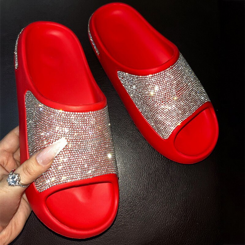 Women Fashion Slides Platform Rhinestone Decor Slide Sandals Outdoor Non-Slip Beach Sandals Slippers