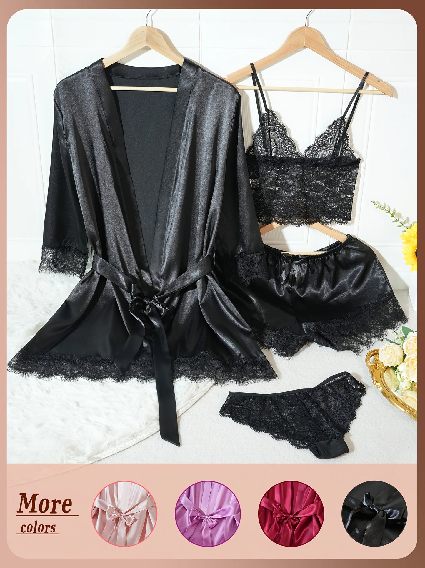 Women’s 4-Piece Satin Pajama Set – Silk Robe & Nightgown Sleepwear