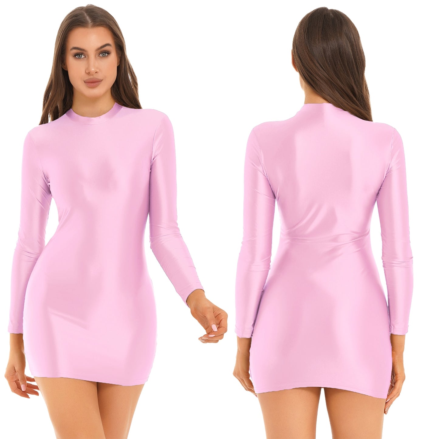 Womens Glossy Bodycon Dress Long Sleeve Mini Pencil Dress Nightwear Smooth Stretchy Mock Neck Tight Dresses Clubwear Costume