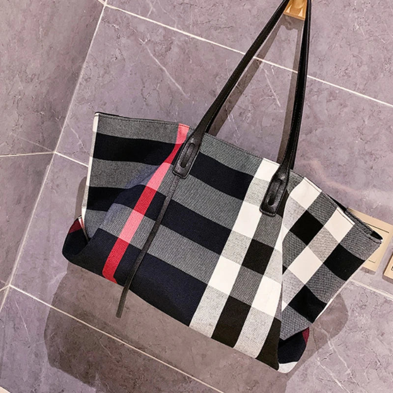 Large Capacity Women Handbag Fashion Stripe Canvas Leather Luxury Female Top Handle Bag Retro New Office Work Lady Shoulder Bag