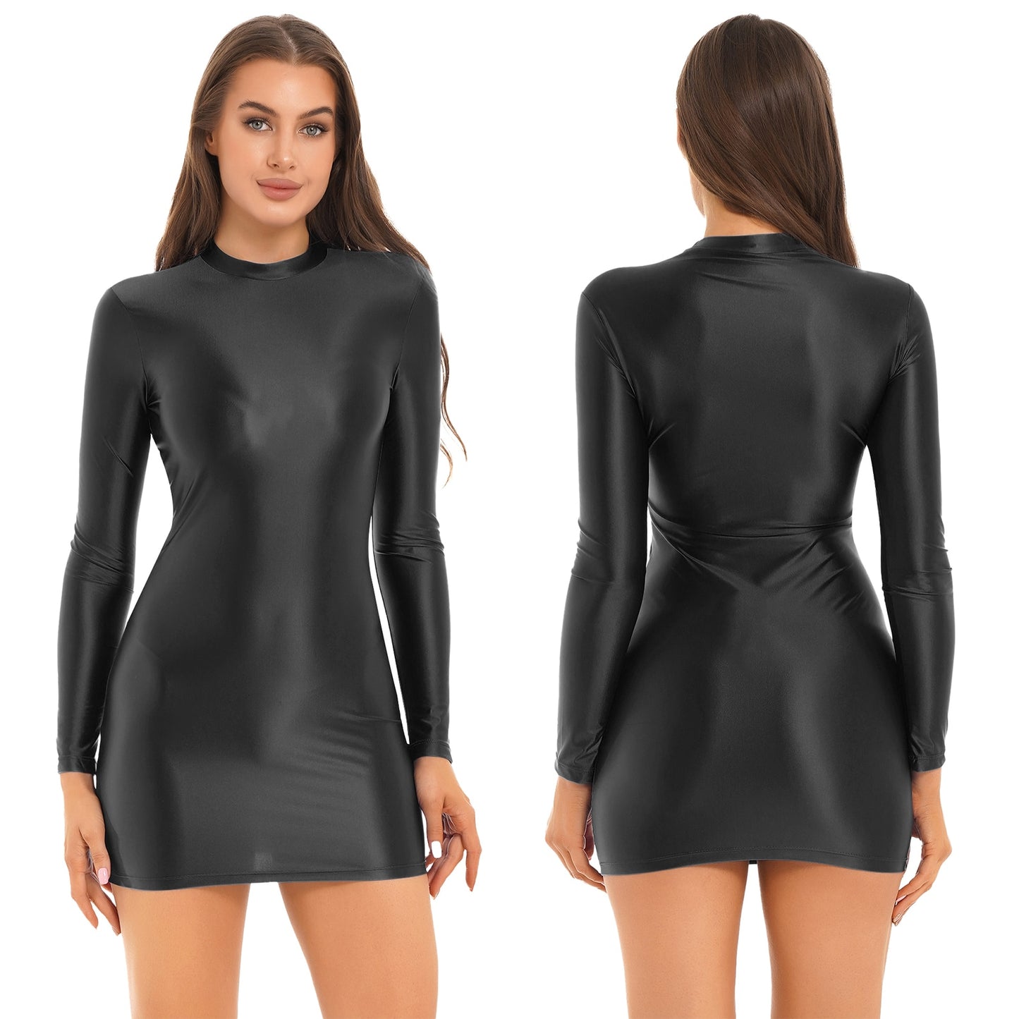 Womens Glossy Bodycon Dress Long Sleeve Mini Pencil Dress Nightwear Smooth Stretchy Mock Neck Tight Dresses Clubwear Costume