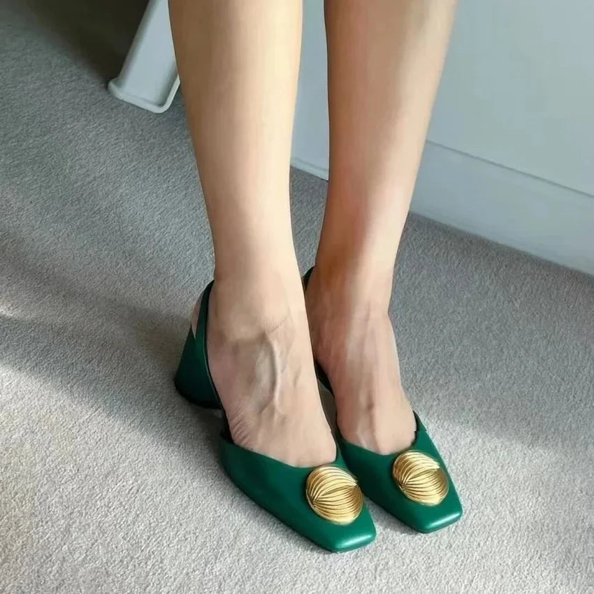 TRAF Retro Woman Green Block Heels Fall 2024 Chic Squared Toe Heeled Shoes Luxury Women High-Heeled Sandals Ladies Leather Shoes