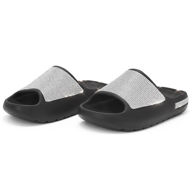 Women Fashion Slides Platform Rhinestone Decor Slide Sandals Outdoor Non-Slip Beach Sandals Slippers