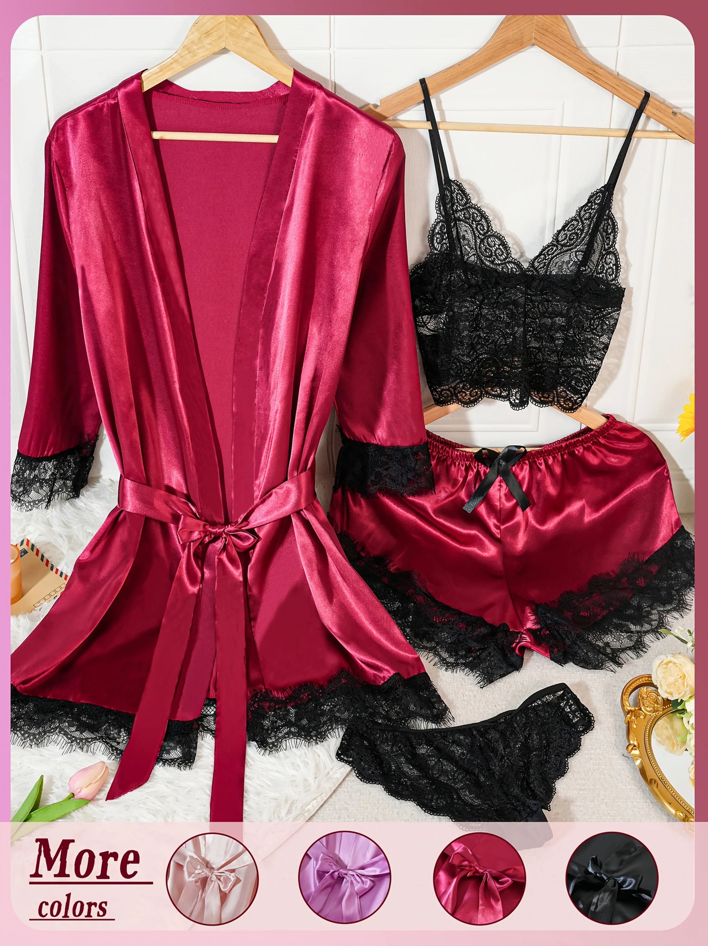 Women’s 4-Piece Satin Pajama Set – Silk Robe & Nightgown Sleepwear