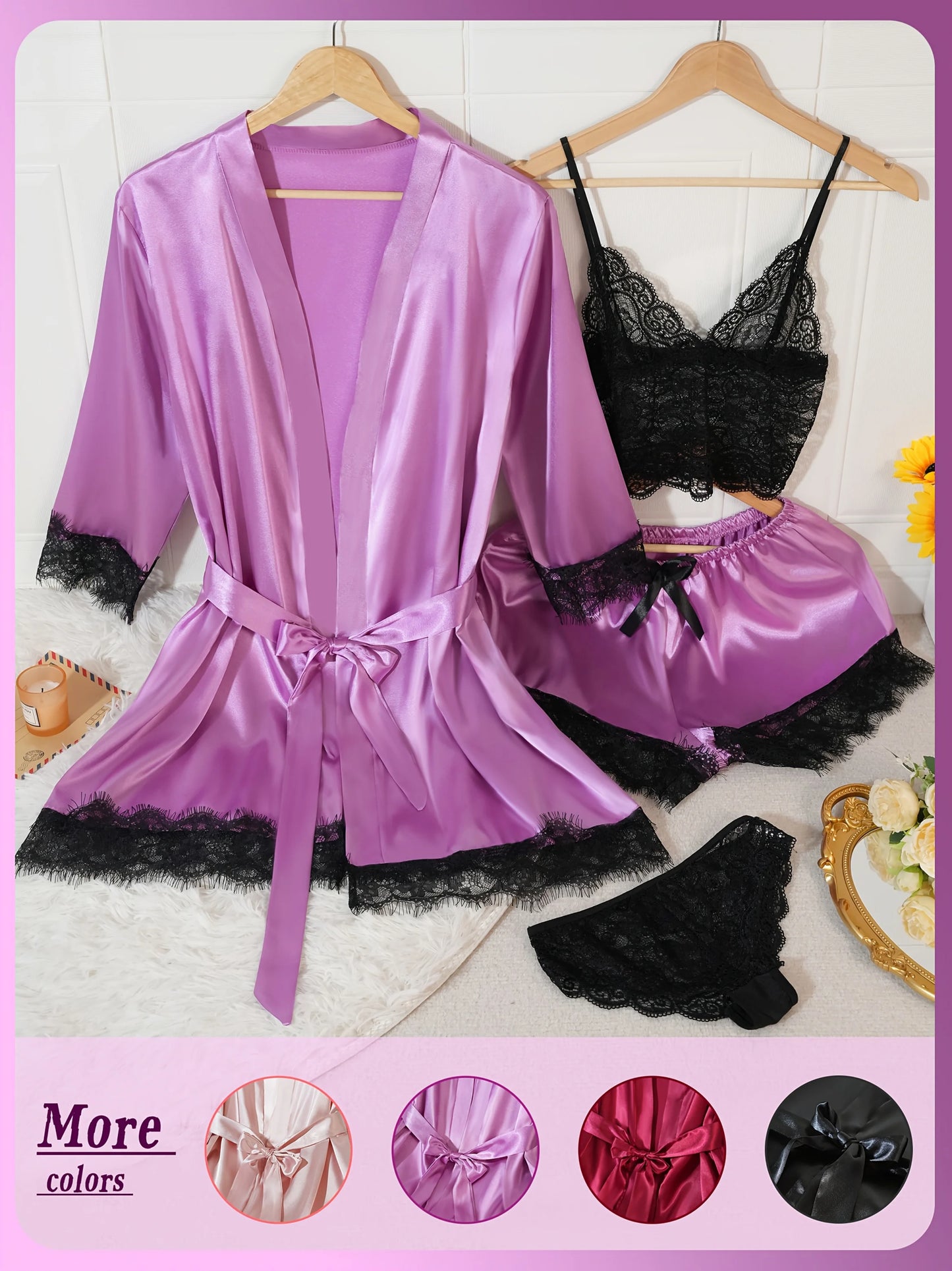 Women’s 4-Piece Satin Pajama Set – Silk Robe & Nightgown Sleepwear