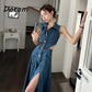 Vintage Blue Denim Sleeveless Dress Outfits Women Summer Sexy Backless Single-breasted Slit Jeans Sundress Elegant Lapel