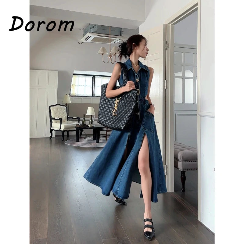 Vintage Blue Denim Sleeveless Dress Outfits Women Summer Sexy Backless Single-breasted Slit Jeans Sundress Elegant Lapel