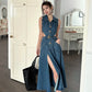 Vintage Blue Denim Sleeveless Dress Outfits Women Summer Sexy Backless Single-breasted Slit Jeans Sundress Elegant Lapel