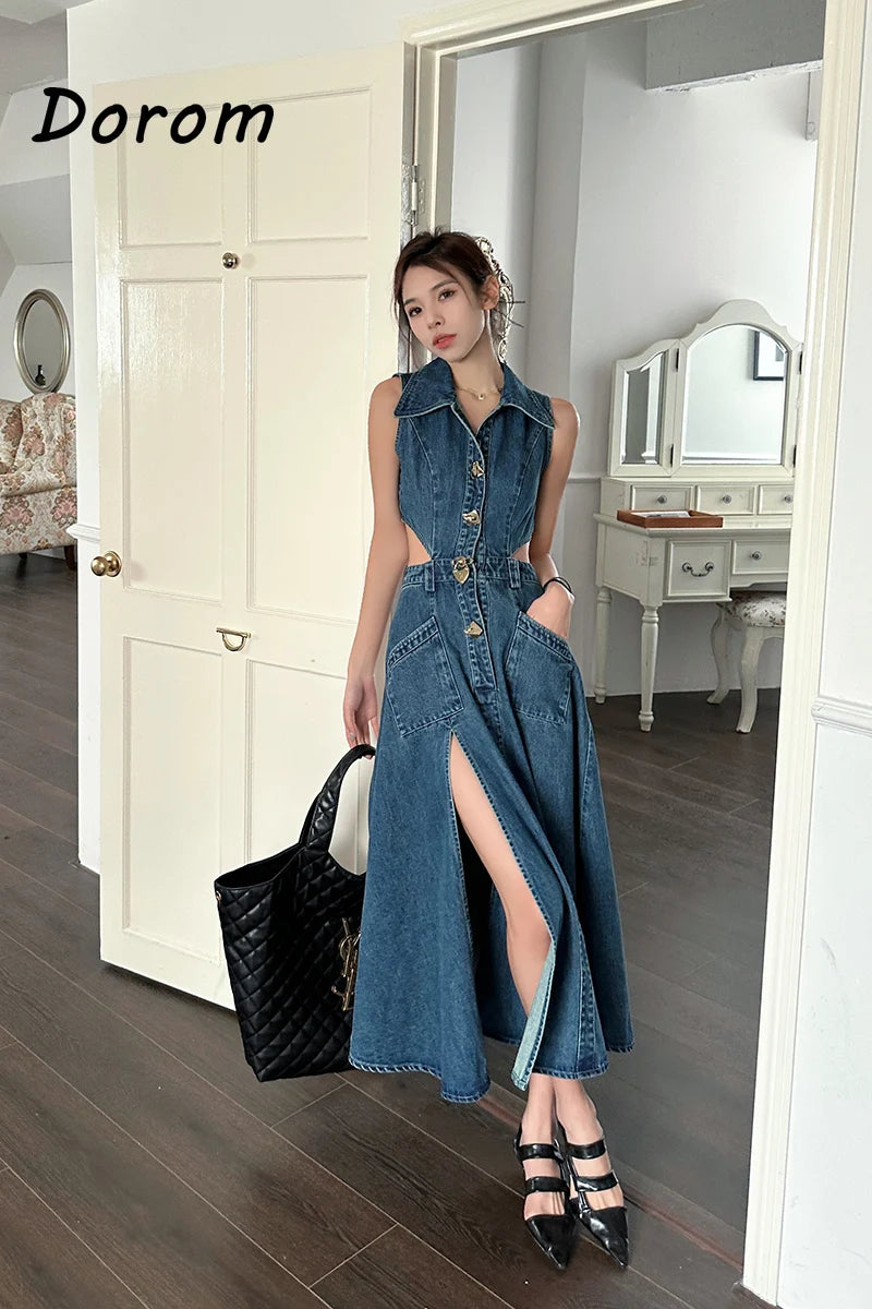 Vintage Blue Denim Sleeveless Dress Outfits Women Summer Sexy Backless Single-breasted Slit Jeans Sundress Elegant Lapel