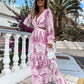 V-Neck Backless Hollow Out Lantern Sleeve Maxi Dress