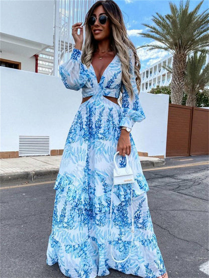 V-Neck Backless Hollow Out Lantern Sleeve Maxi Dress