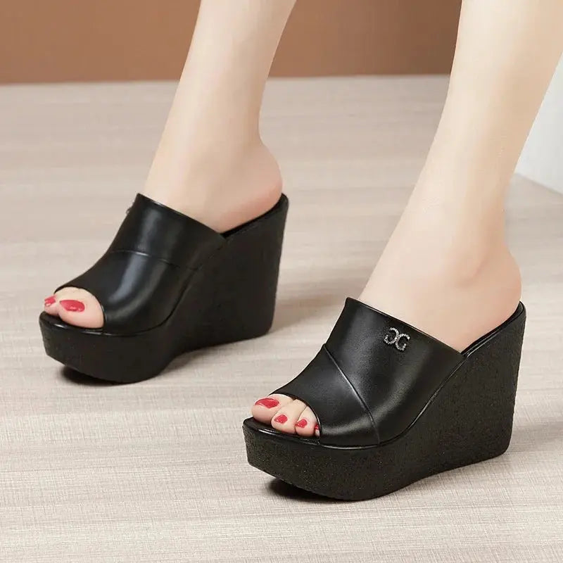 Summer Ladies Slippers New Fashion Thick Sole Wedge Women's Sandals 2024 Designer High Heel Sandals Open Toe Fish Mouth Shoes - Image #5