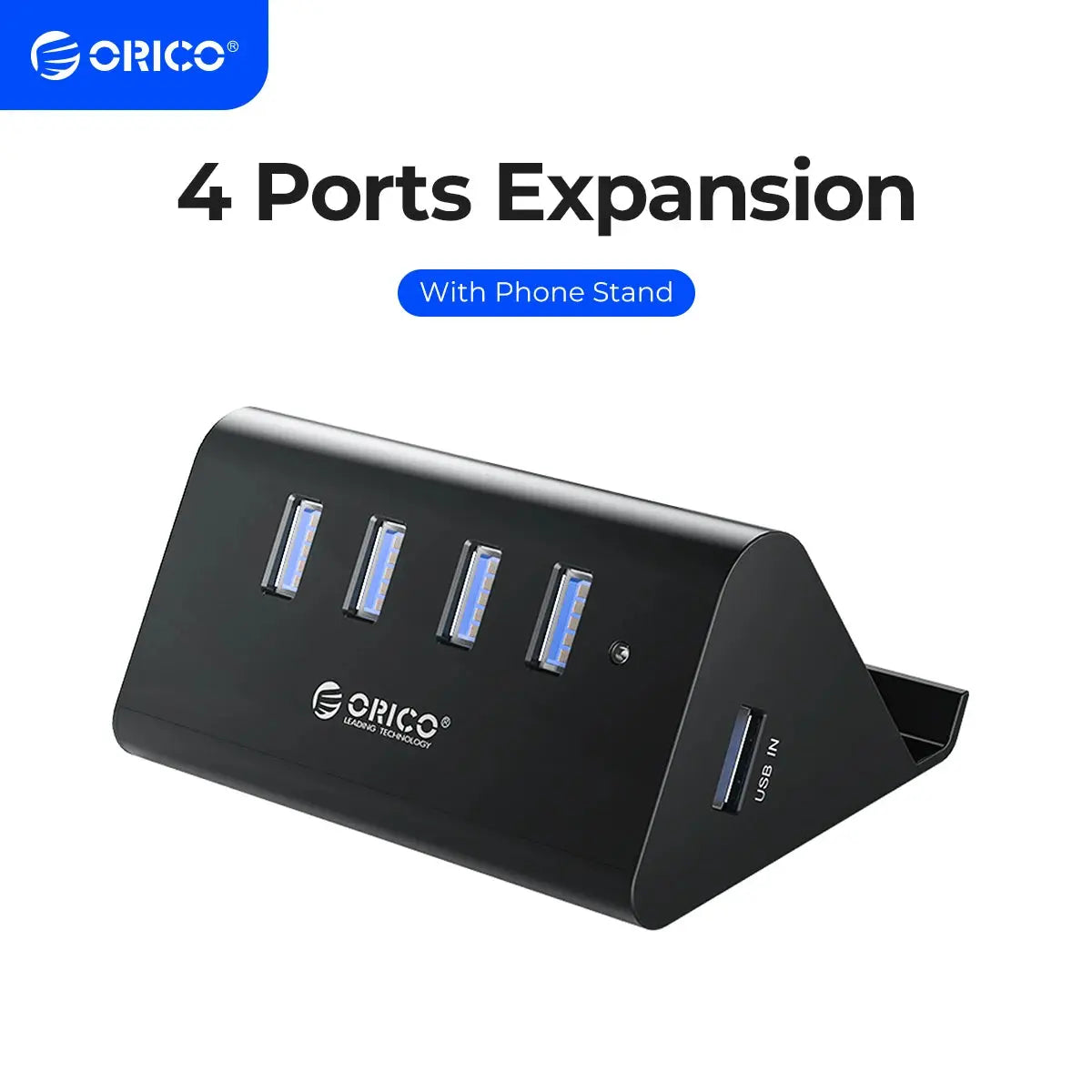 ORICO 5Gbps High Speed Mini 4 ports USB3.0 HUB Splitter for Desktop Laptop with Stand Holder for Phone Tablet PC - Black / White - Image #1