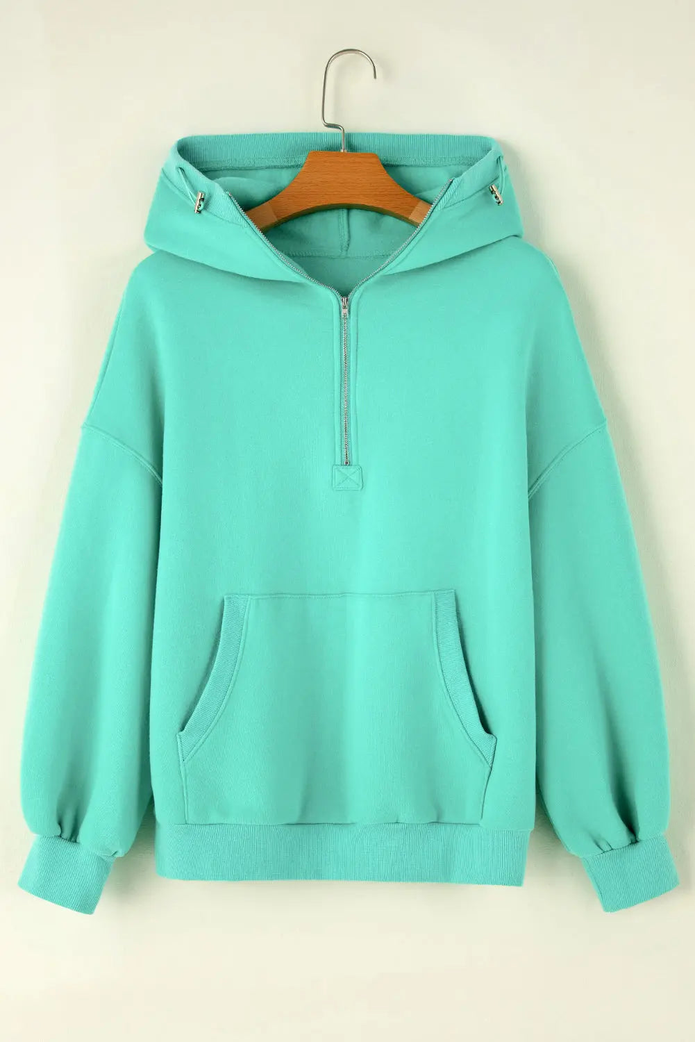 Mint Green Half Zip Kangaroo Pocket Drop Shoulder Hoodie - Image #1