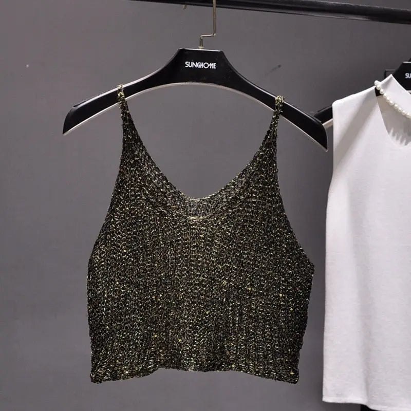 Sparkling Sequins Half Waist Render Knitwear Hollow-out Is Sexy Waist Condole Top Cropped  Sexy Streetwear   Woman Tops Summer - Executive-Skincare