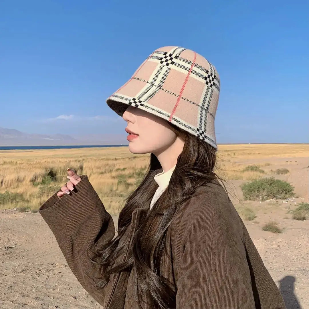 Luxury Brand Bucket Hat For Women Outdoor Warm Velvet Plaid Cashmere Wool Basin Fisherman Hat Panama Caps - Image #3