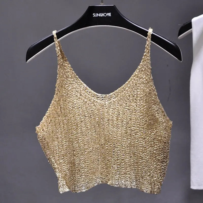 Sparkling Sequins Half Waist Render Knitwear Hollow-out Is Sexy Waist Condole Top Cropped  Sexy Streetwear   Woman Tops Summer - Executive-Skincare