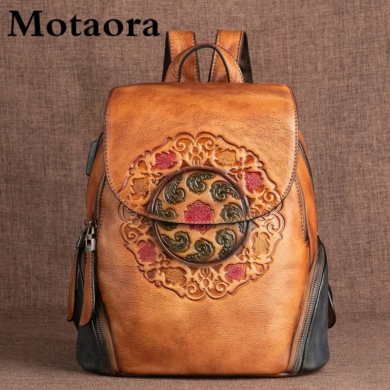 MOTAORA Fashion Backpack Retro Genuine Leather Backpacks For Women New Handmade Embossed Vintage Bag China Style Backpack Ladies - Executive-Skincare