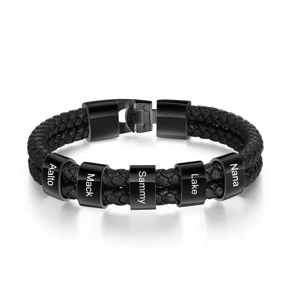 JewelOra Personalized Engraved Family Name Beads Bracelets Black Braided Leather Stainless Steel Bracelets for Men Fathers - Executive-Skincare