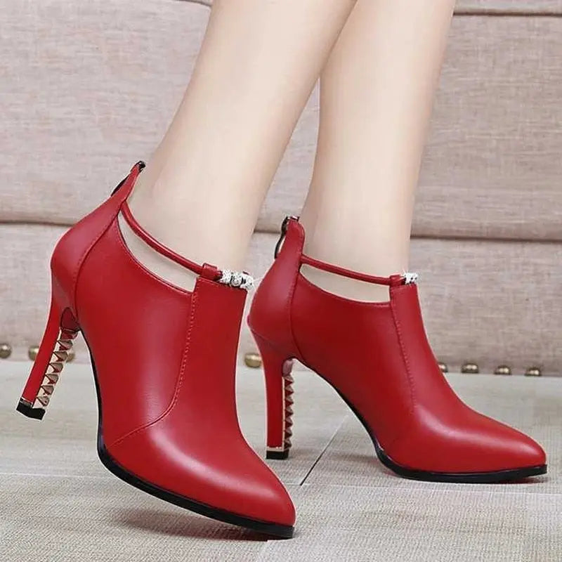 Botas Mujer2019new Winter Boots Women Shallow Round Toe Red Women&#39;s Boots Thin Heels Zip Ankle Boots Pu Leather Zapatos De Mujer - Executive-Skincare