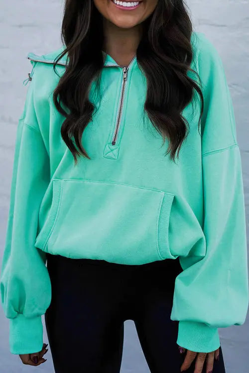 Mint Green Half Zip Kangaroo Pocket Drop Shoulder Hoodie - Image #9