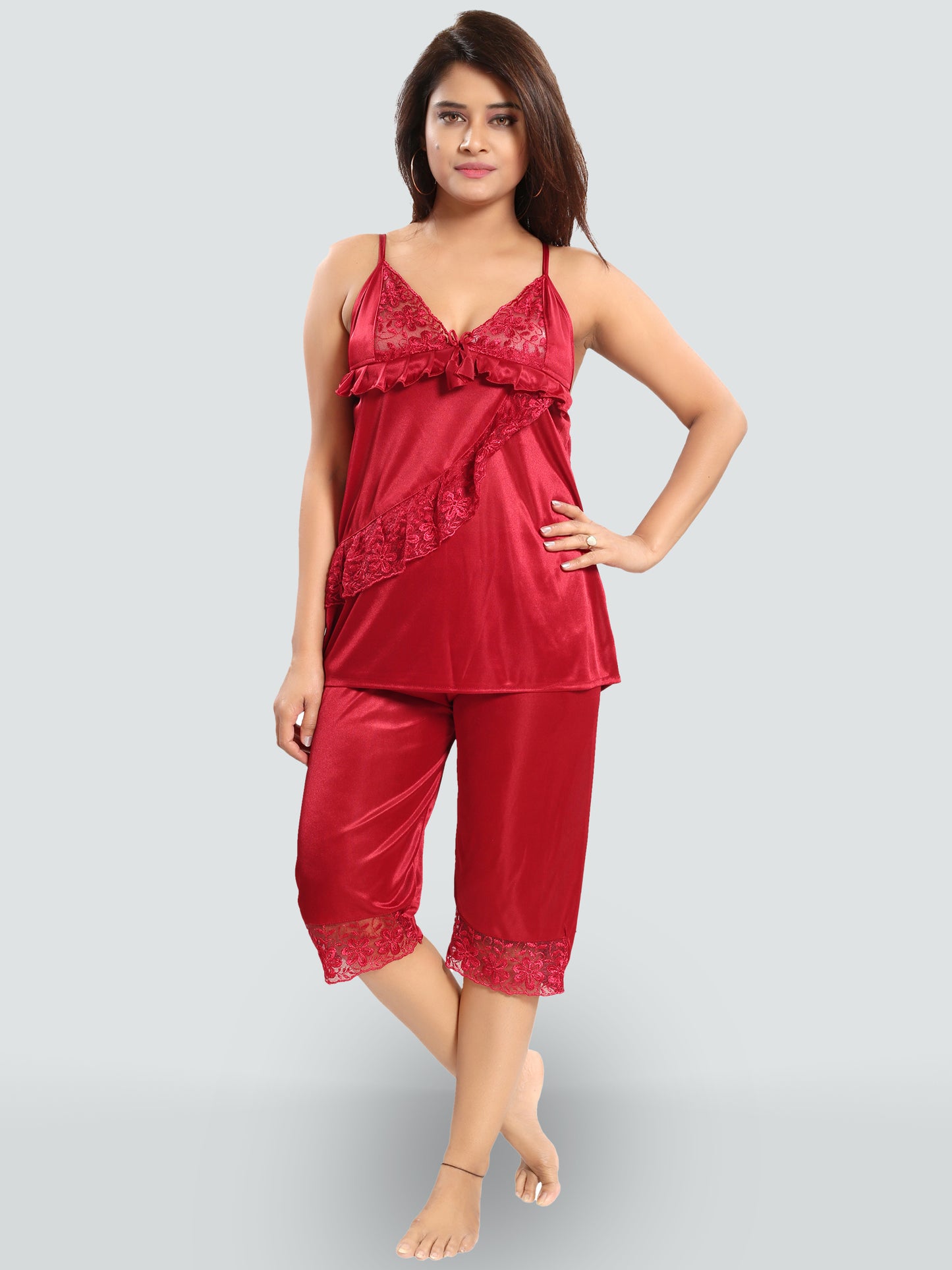 Romaisa Women's Satin Solid Maroon Nightwear Set ( Pack of 6 )