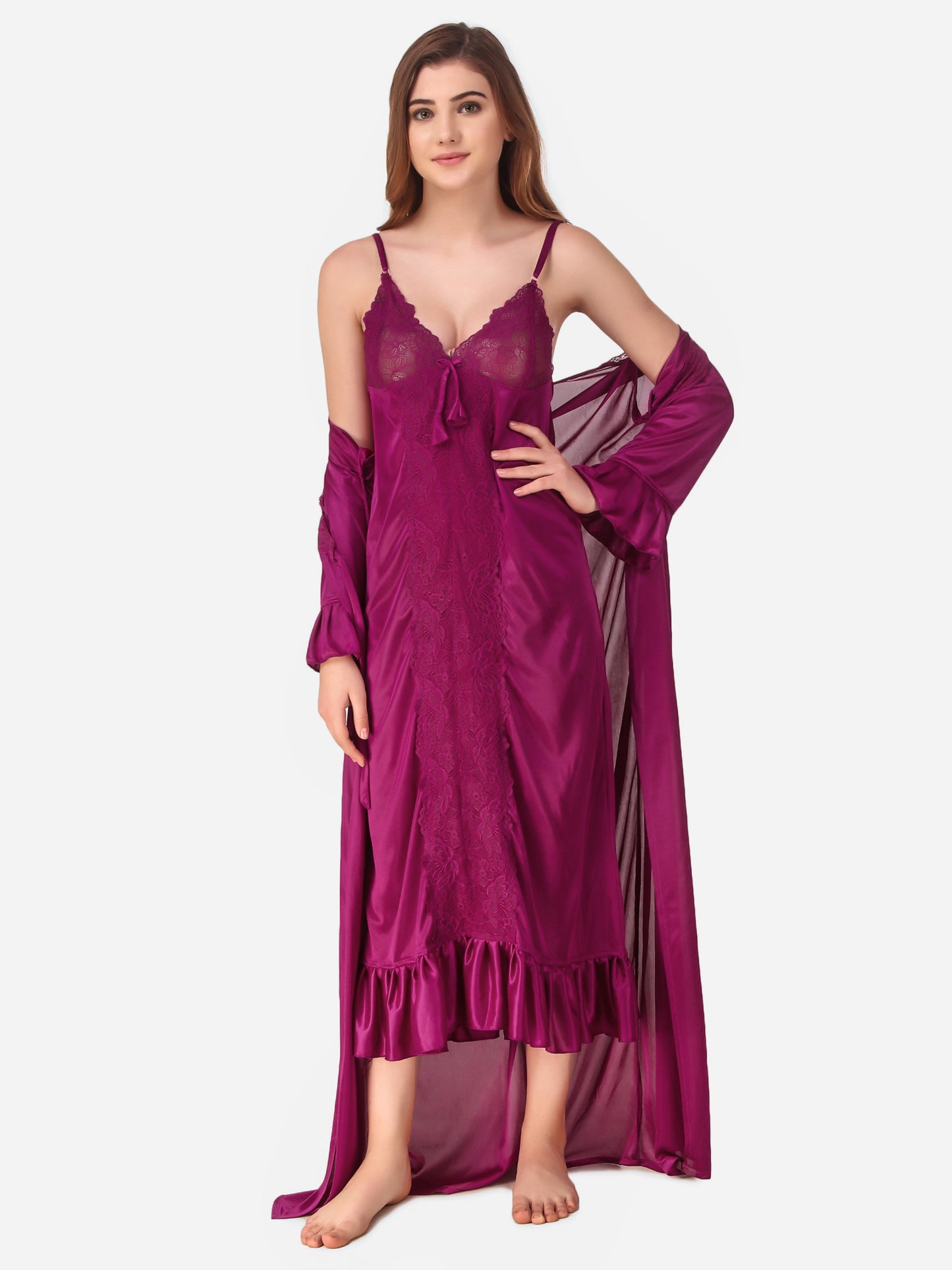 Romaisa Women's Satin Solid Magenta Nightwear Set ( Pack of 4 )