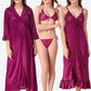 Romaisa Women's Satin Solid Magenta Nightwear Set ( Pack of 4 )