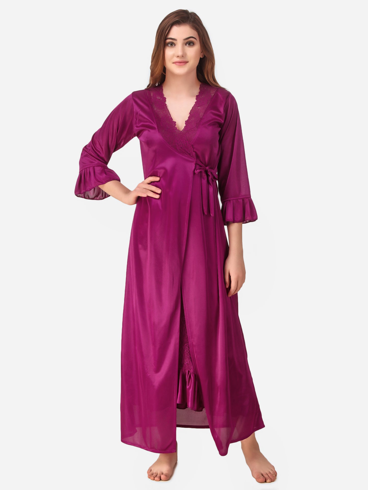 Romaisa Women's Satin Solid Magenta Nightwear Set ( Pack of 4 )