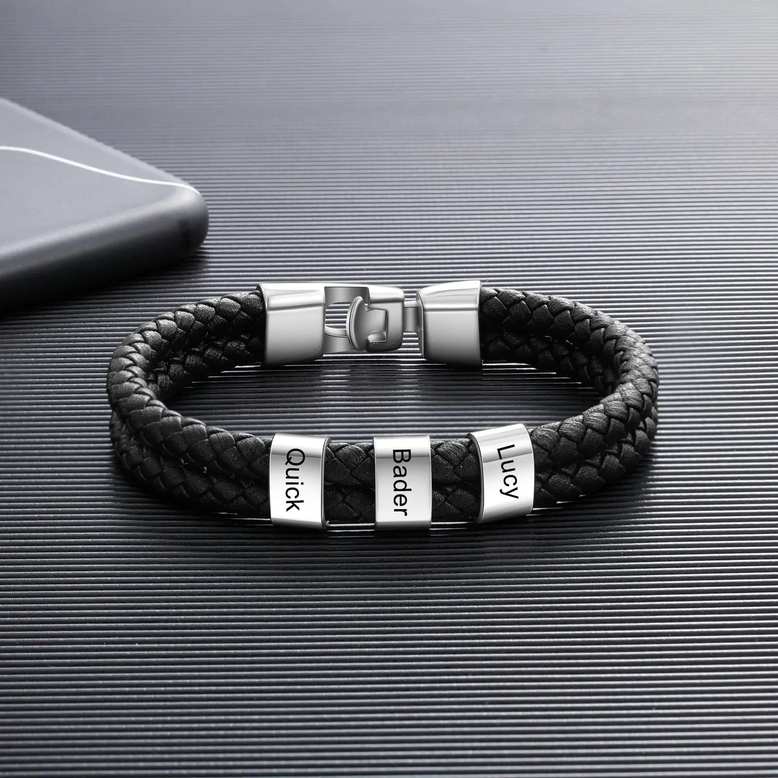 JewelOra Personalized Engraved Family Name Beads Bracelets Black Braided Leather Stainless Steel Bracelets for Men Fathers - Executive-Skincare