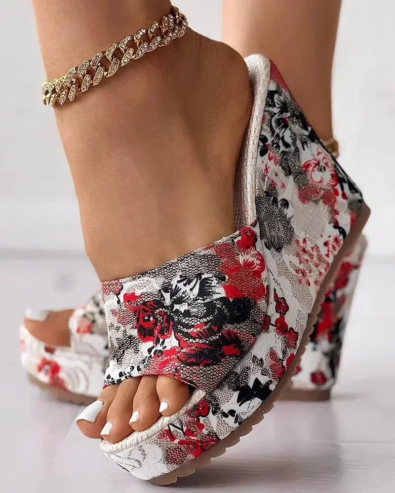 Women Shoes Fashion Shoes Casual Flip Flops Summer Vintage Floral Print Peep Toe Wedge Slippers - Image #5