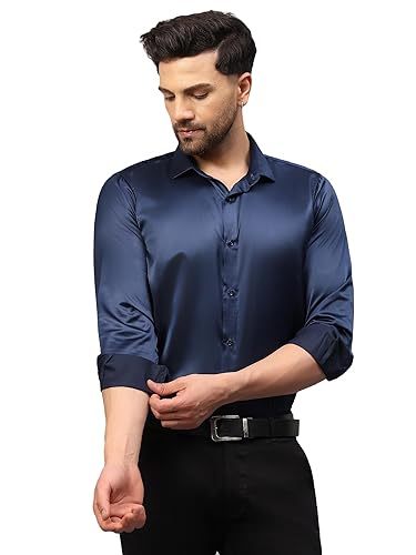 Men Regular Fit Full Sleeve Satin Silk Shirt (Size-L) (Color-NAVY