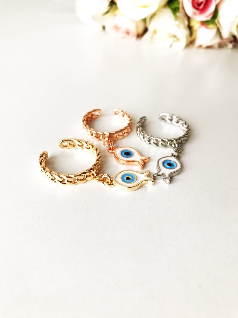 Dangle Fish Evil Eye Ring