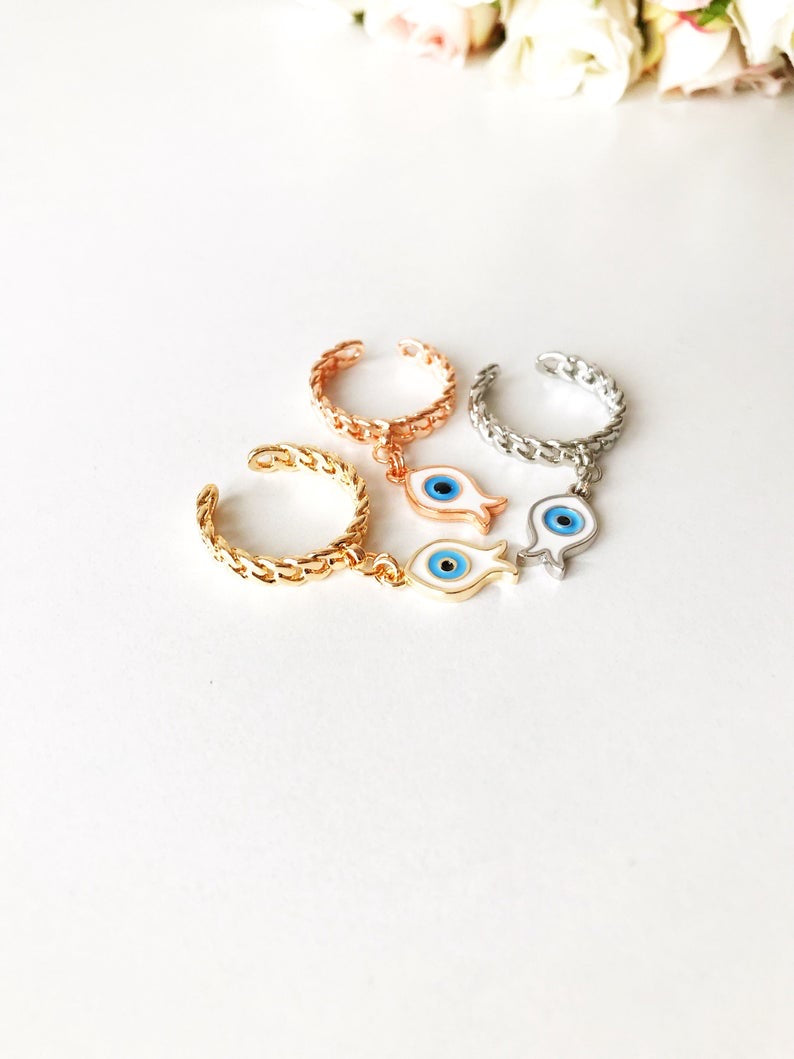 Dangle Fish Evil Eye Ring