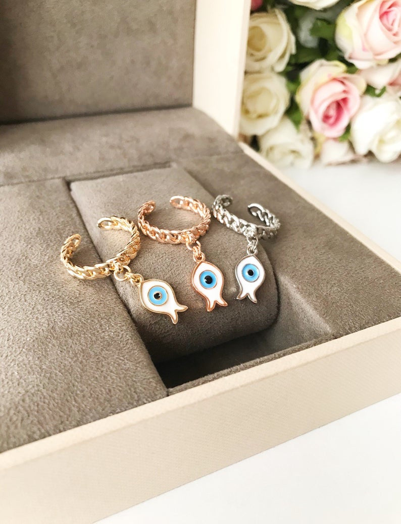 Dangle Fish Evil Eye Ring