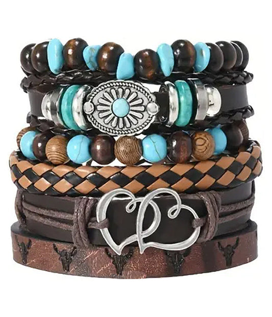 BOHO STYLE PULLTIE AND STRETCH LEATHERETTE BRACELET SET