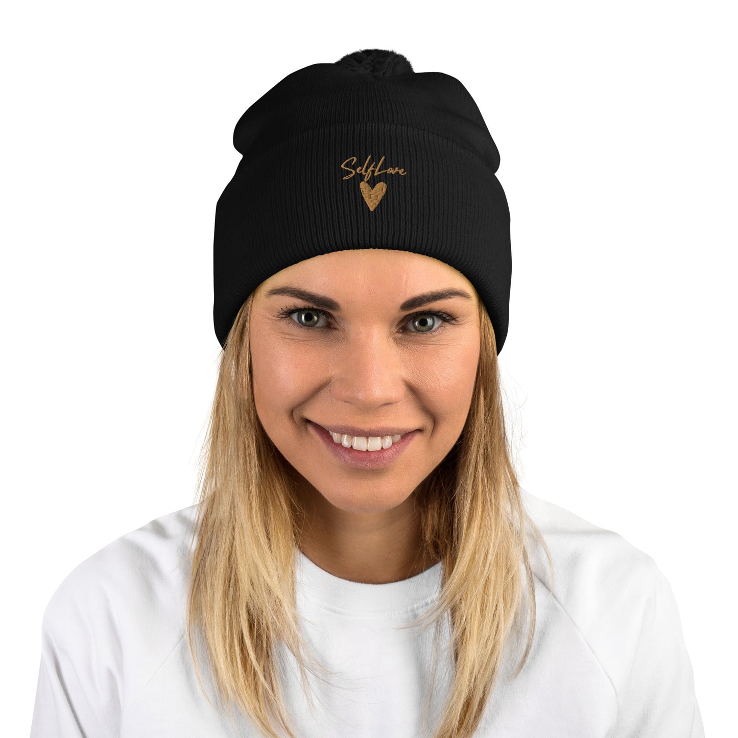 Self Love Pom-Pom Beanie - Women's Beanie with Embroidery