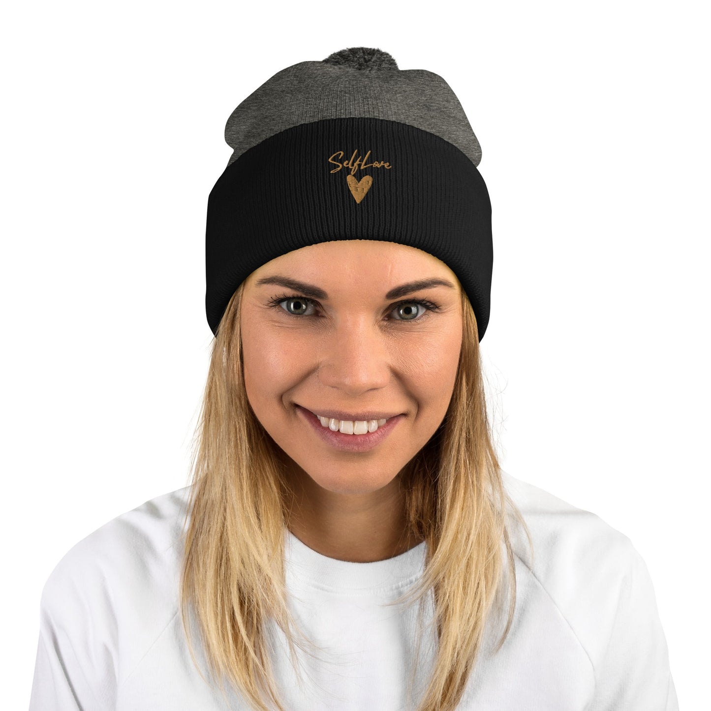 Self Love Pom-Pom Beanie - Women's Beanie with Embroidery