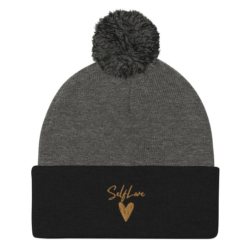 Self Love Pom-Pom Beanie - Women's Beanie with Embroidery